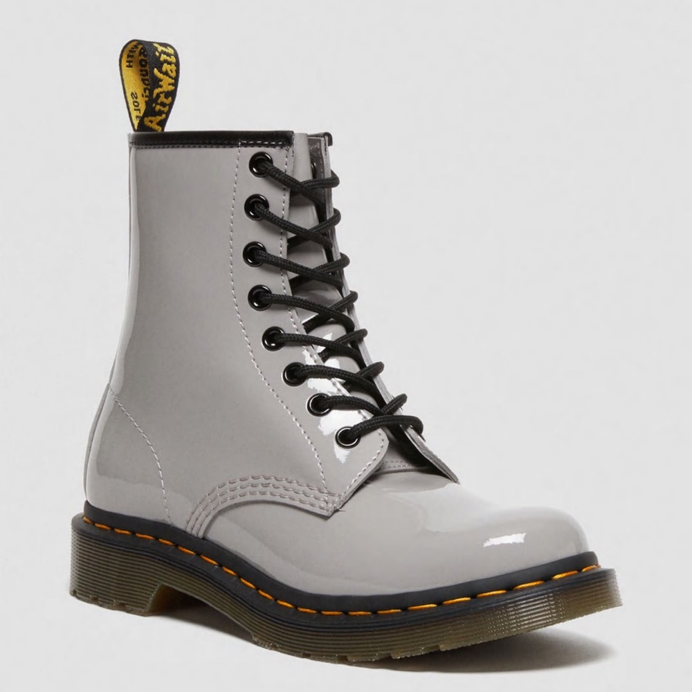 Dr. Martens Gray Patent 8-Eye Combat Boots